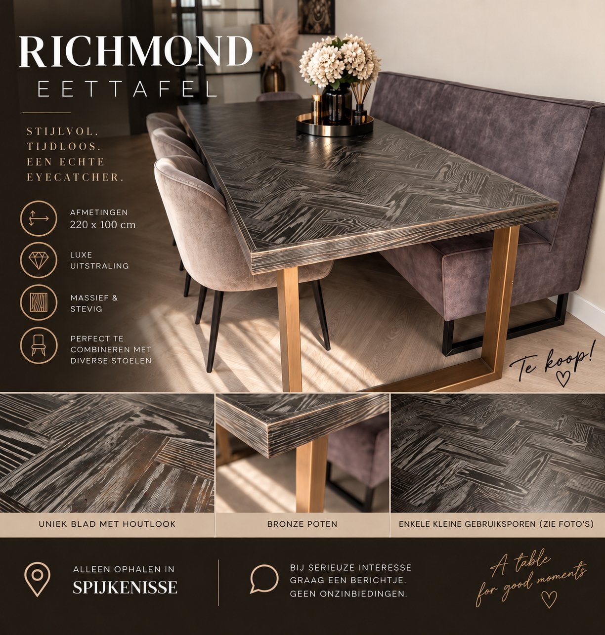 Richmond Eettafel 220x100 cm - Luxe Houtlook & Bronze Poten, Ophalen, Gebruikt, 100 tot 150 cm, 200 cm of meer