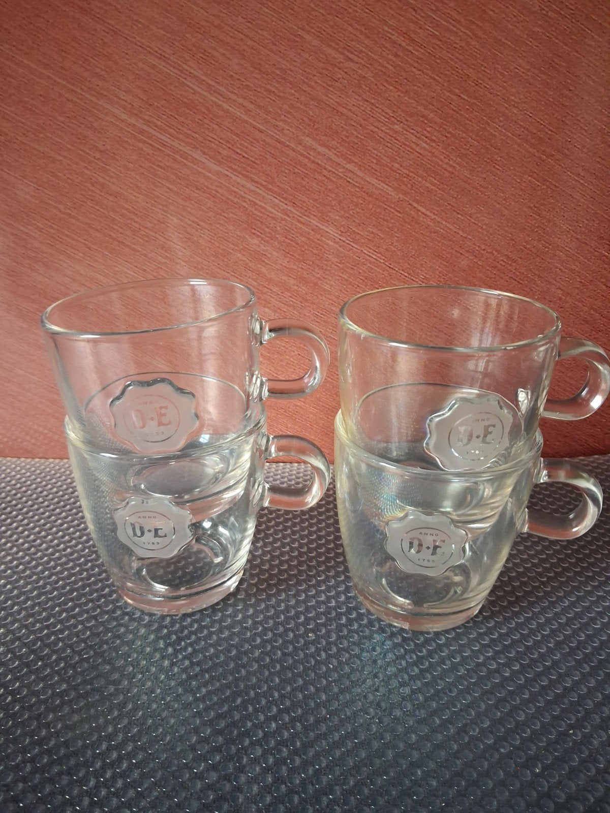 4x Douwe Egberts glazen kopjes - 7,5 cm hoog, Ophalen of Verzenden, Overige merken, Glas, Overige typen