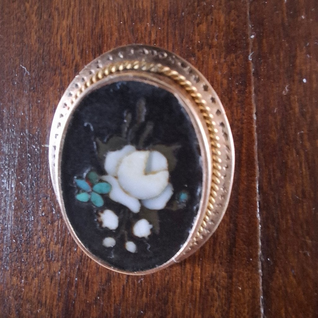 Antieke 14k gouden Pietra Dura broche – Florentijns mozaïek, Ophalen of Verzenden, Overige materialen, Broche
