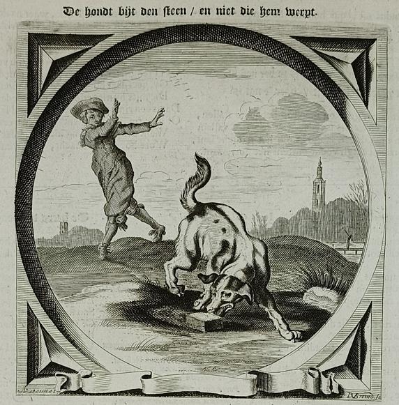 Kopergravure De hondt bijt den steen, en niet die hem werpt., Antiek en Kunst, Verzenden, Origineel