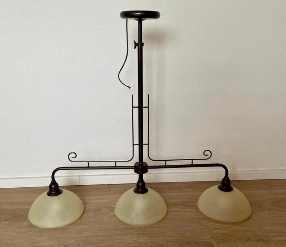 Hanglamp donker brons metaal en glazen kappen, Ophalen, Zo goed als nieuw, Glas