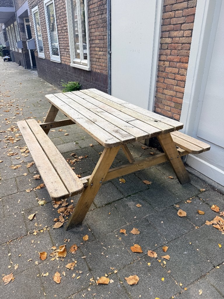 Houten picknicktafel met inklapbare banken, Ophalen, Gebruikt, Inklapbaar, Rechthoekig