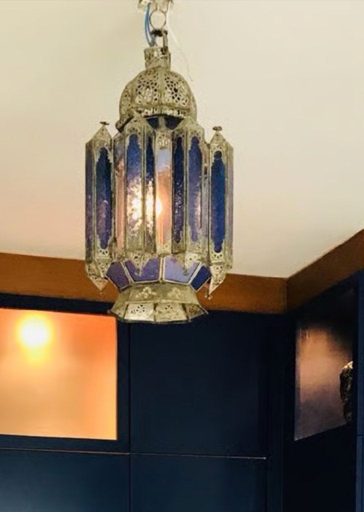 Grote Marokkaanse hanglamp – kobaltblauw glas | 50cm, Ophalen of Verzenden, Zo goed als nieuw, Glas