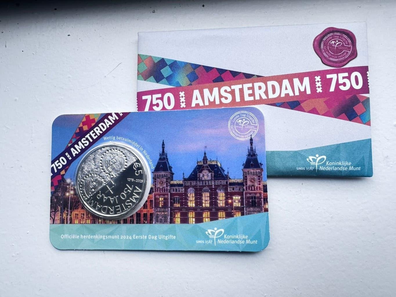 Coincard 750 jaar Amsterdam 5 euro, Ophalen of Verzenden, Koningin Beatrix, Euro's, Setje