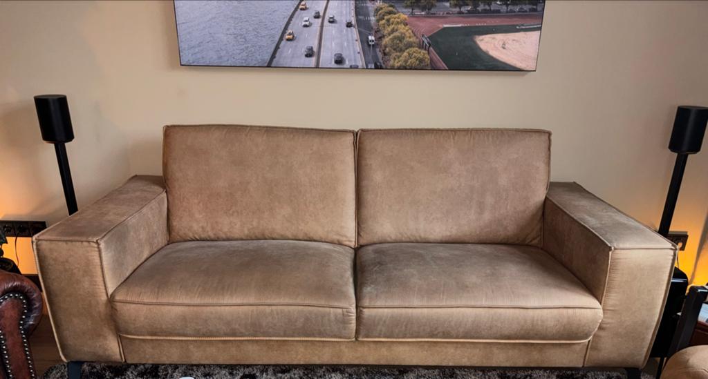 2,5-zits bank Pronto Wonen Cognac-Microleder, Huis en Inrichting, Ophalen, Driepersoons, 75 tot 100 cm, Zo goed als nieuw