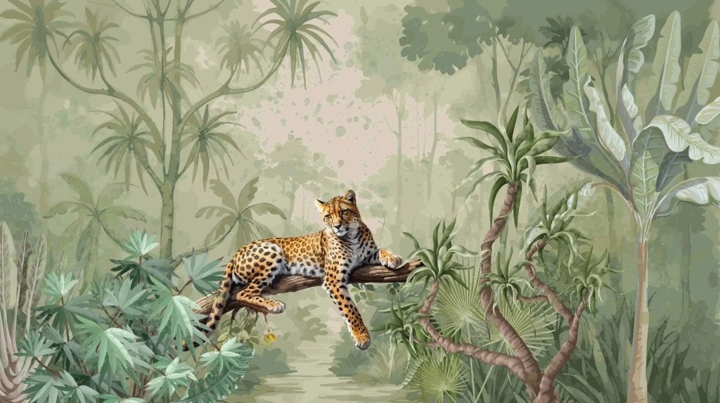 Jungle behang – luipaard tussen tropisch groen op maat, Overige merken, Ophalen of Verzenden, Fotobehang, Dieren