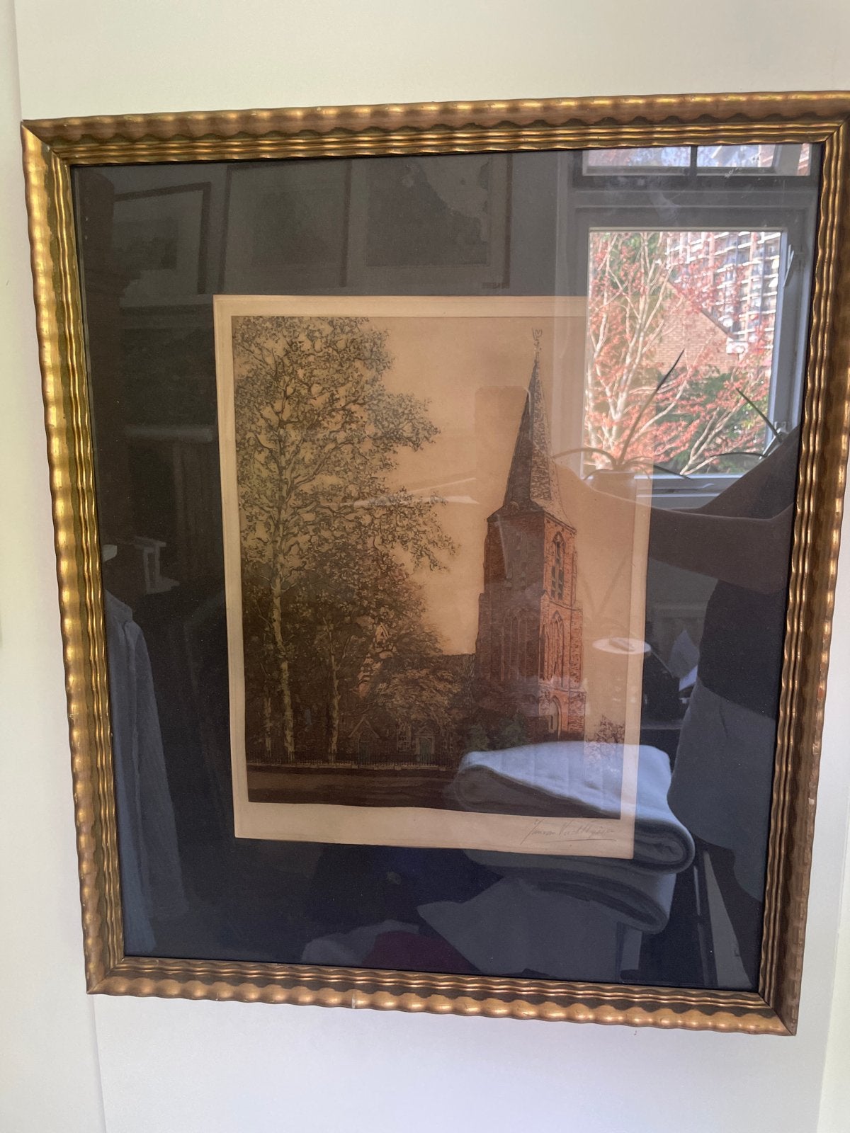 Ets van kerk en bomen, gesigneerd, ingelijst, Ets, Stadsgezicht, Ophalen of Verzenden, Gesigneerd