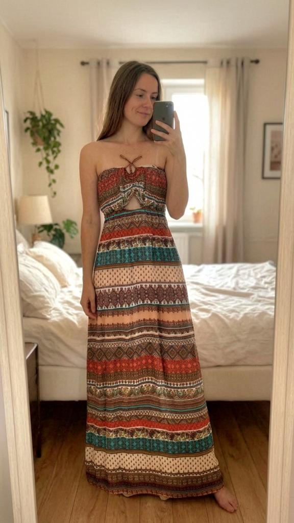 Boho strapless maxi dress multicolor paisley print, Kleding | Dames, Zo goed als nieuw, Maat 36 (S), Onder de knie, Bershka