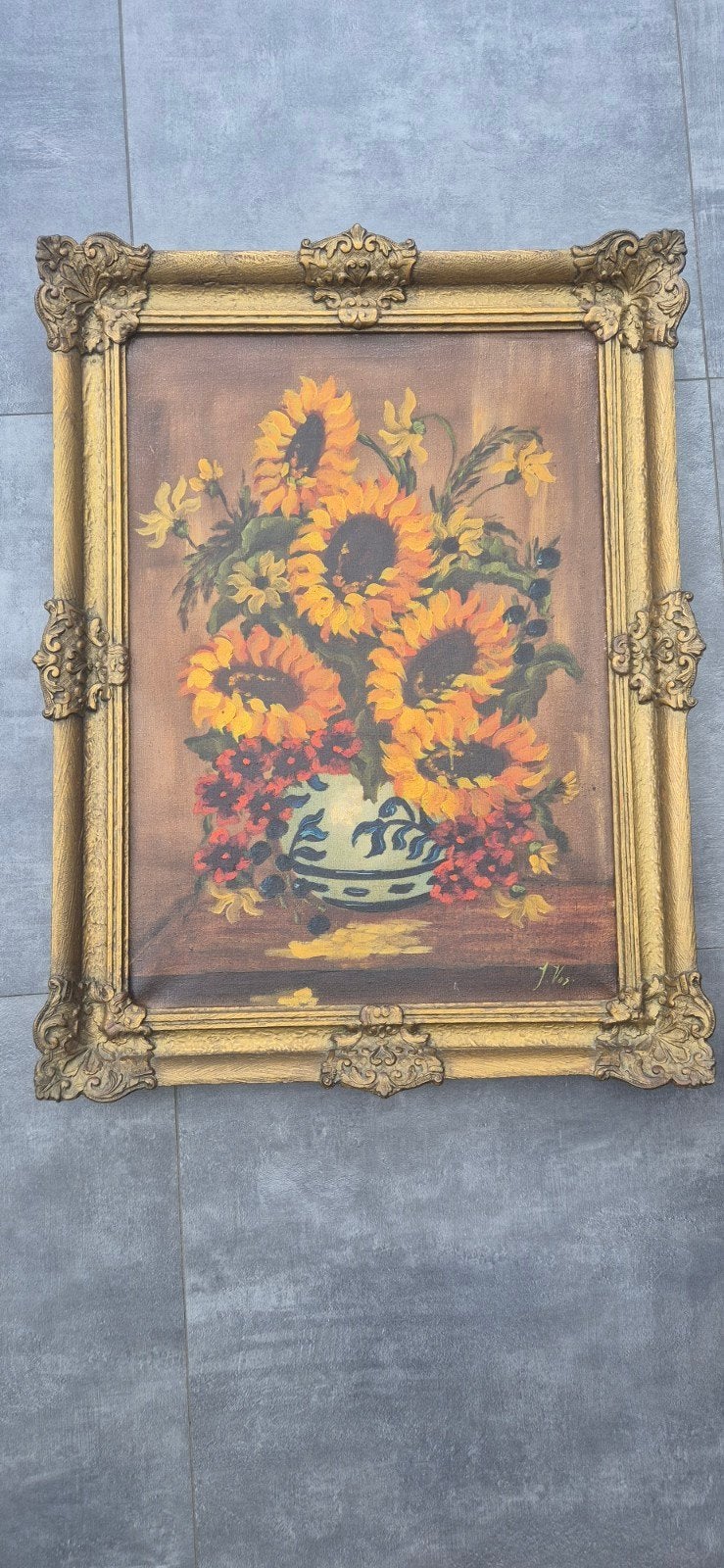 Schilderij Zonnebloemen in Vaas - Klassiek Stilleven, Ophalen