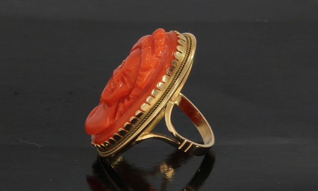 Bloedkoraal camee robuuste 18k gouden vintage dames ring, Sieraden, Tassen en Uiterlijk, Antieke sieraden, Verzenden, Goud, Ring