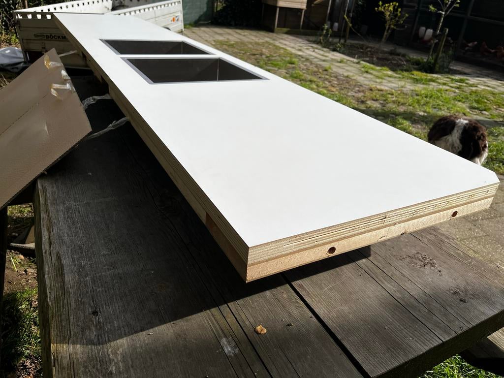 Wit aanrechtblad of werkblad met twee RVS spoelbakken nieuw, Ophalen, Wit, Nieuw, 200 cm of meer