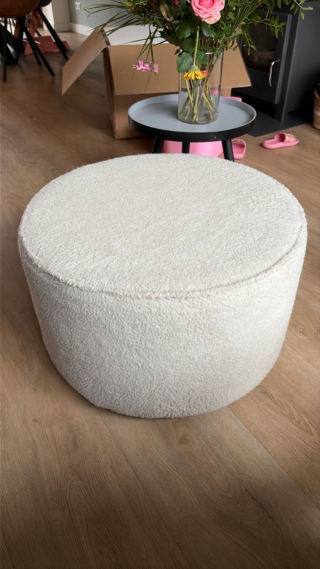 Woood sara poef laag teddy off white, Ophalen, Gebruikt, Rond, Minder dan 50 cm