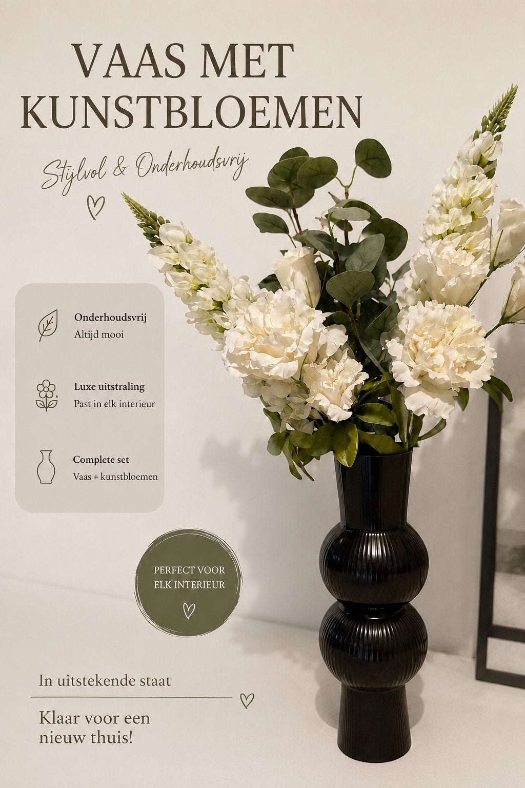 Stijlvolle zwarte vaas met kunstbloemen - Luxe uitstraling, Huis en Inrichting, Woonaccessoires | Vazen, Overige materialen, Zwart