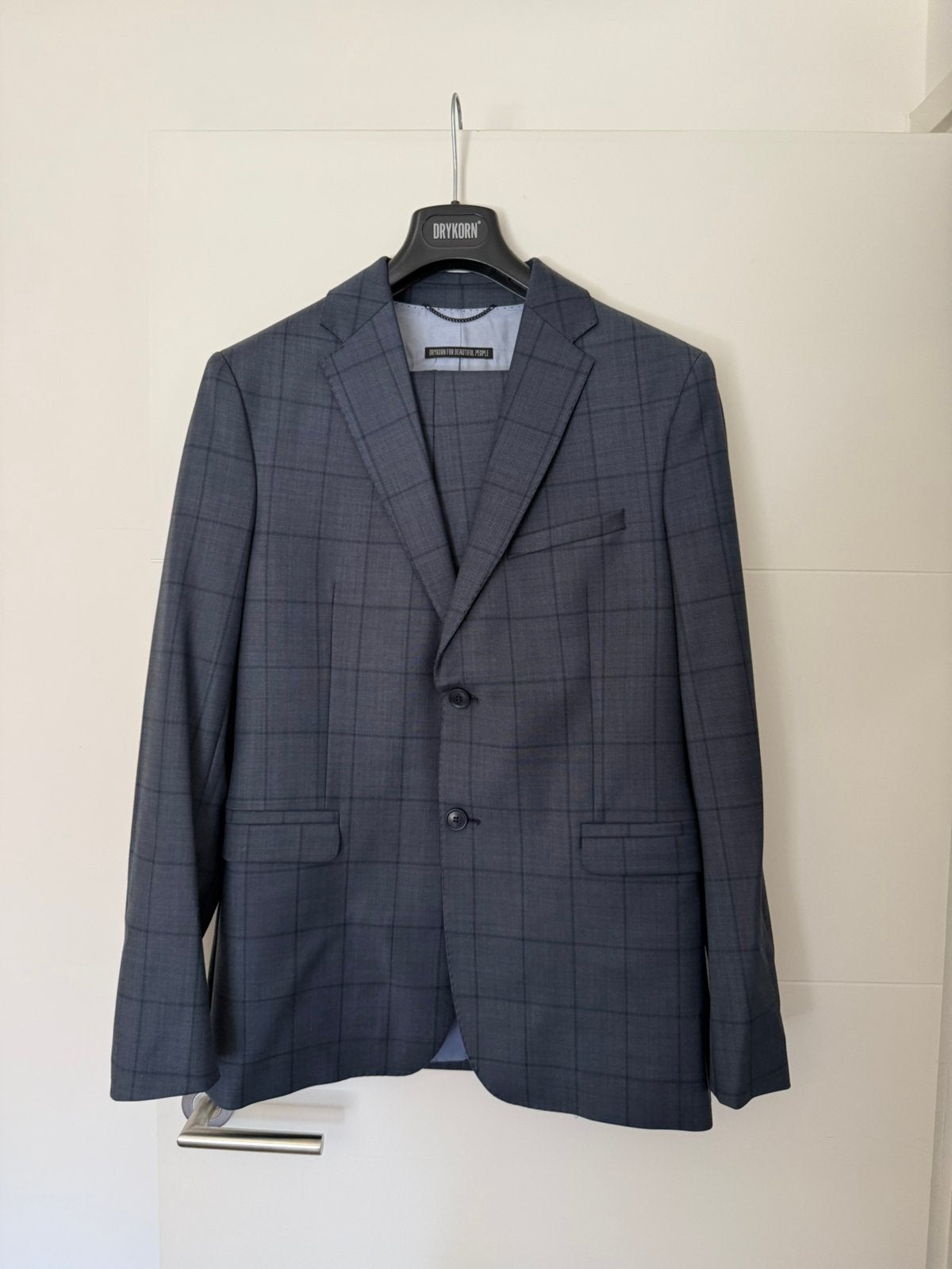 Drykorn herenpak – donkerblauw/grijs geruit – maat 48, Ophalen of Verzenden, Zo goed als nieuw, Maat 48/50 (M), Blauw