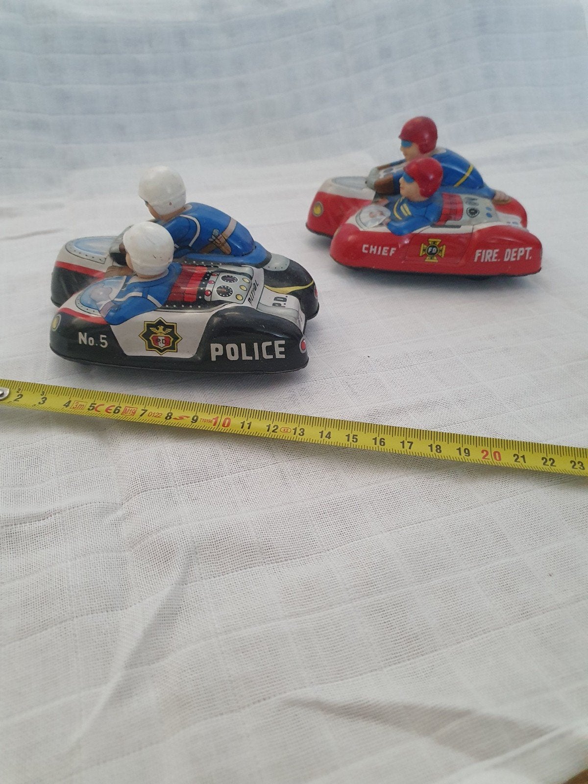 Vintage blikken speelgoed: Politie en Brandweer zijspan, Ophalen of Verzenden, Gebruikt