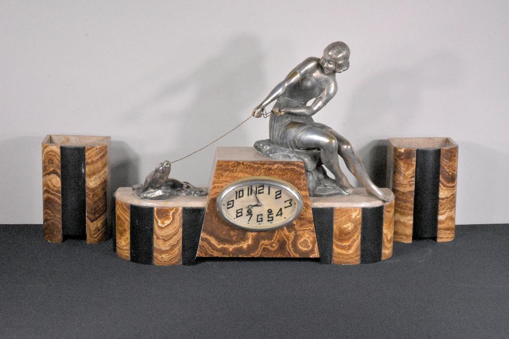 Grote Antieke Art Deco Klokkenset – Onyx en Marmer, Ophalen