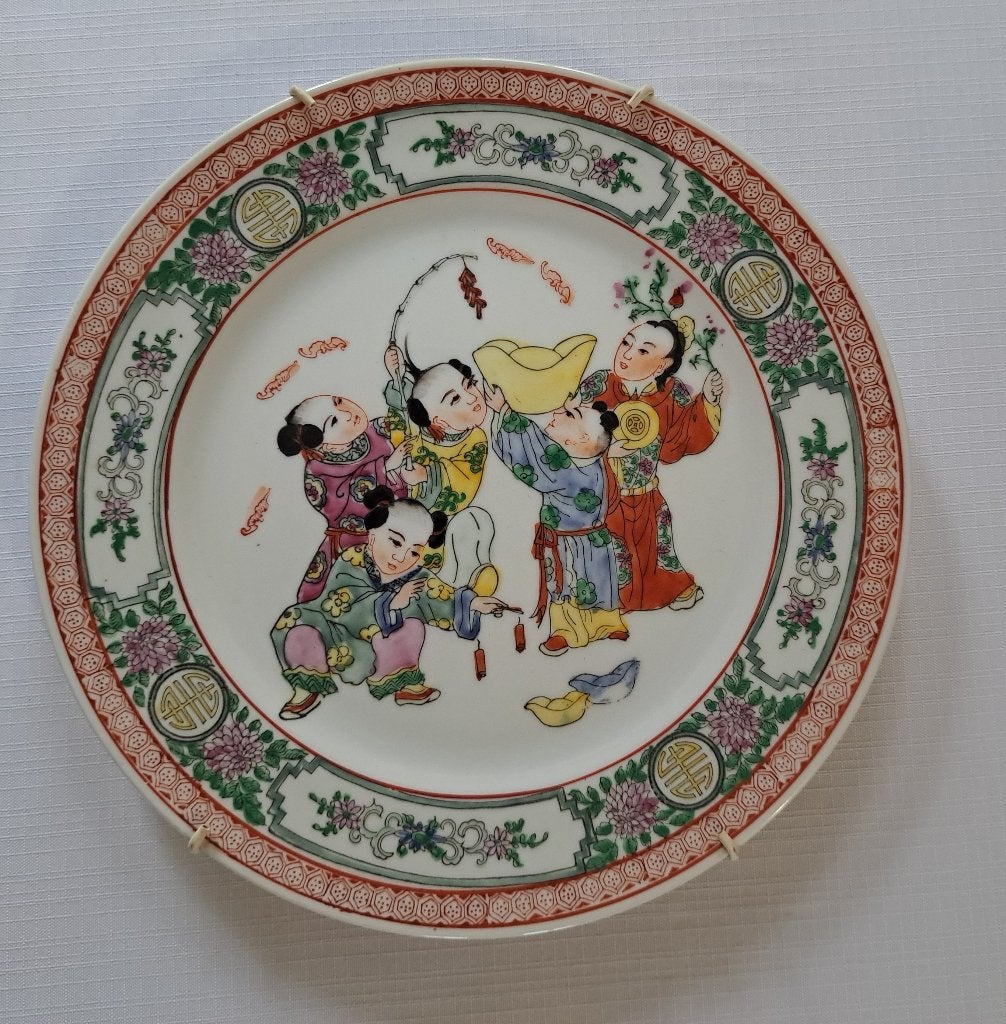 Oud chinees wandbord famille rose spelende kinderen 26cm, Antiek en Kunst, Verzenden