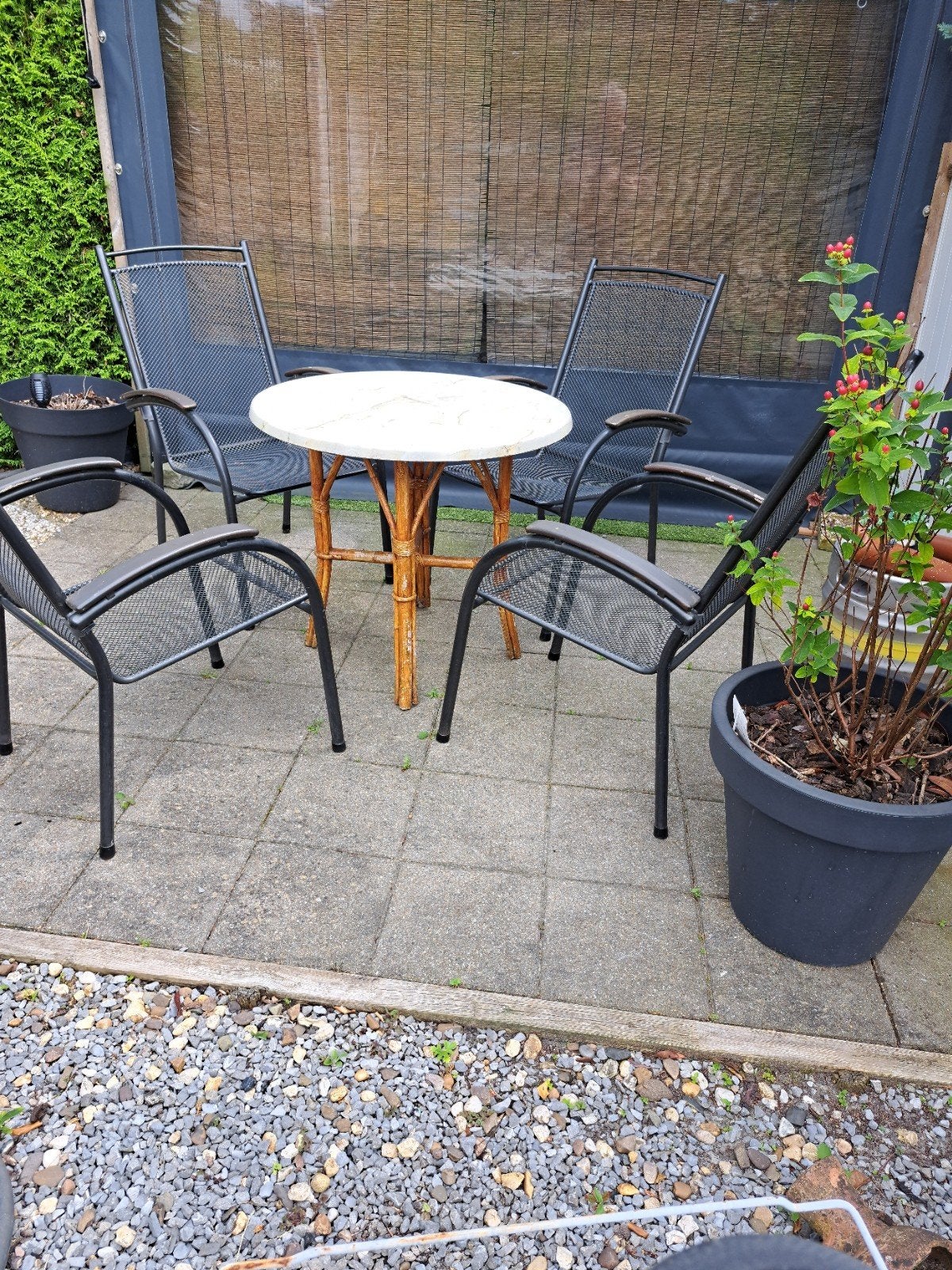 Tuinset met 4 stapelbare stoelen. Zonder tafel., Ophalen, Gebruikt