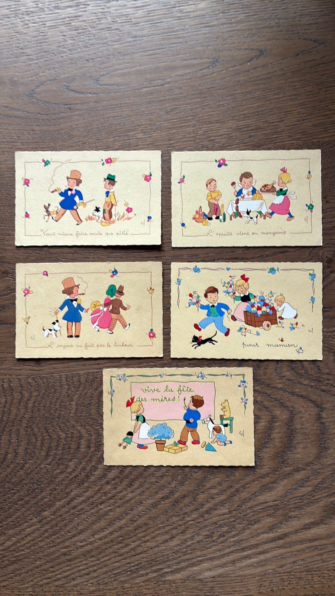 16 getekende franse kinderkaarten. Rond 1945, Verzamelen, Ophalen of Verzenden, 1940 tot 1960, Overige thema's
