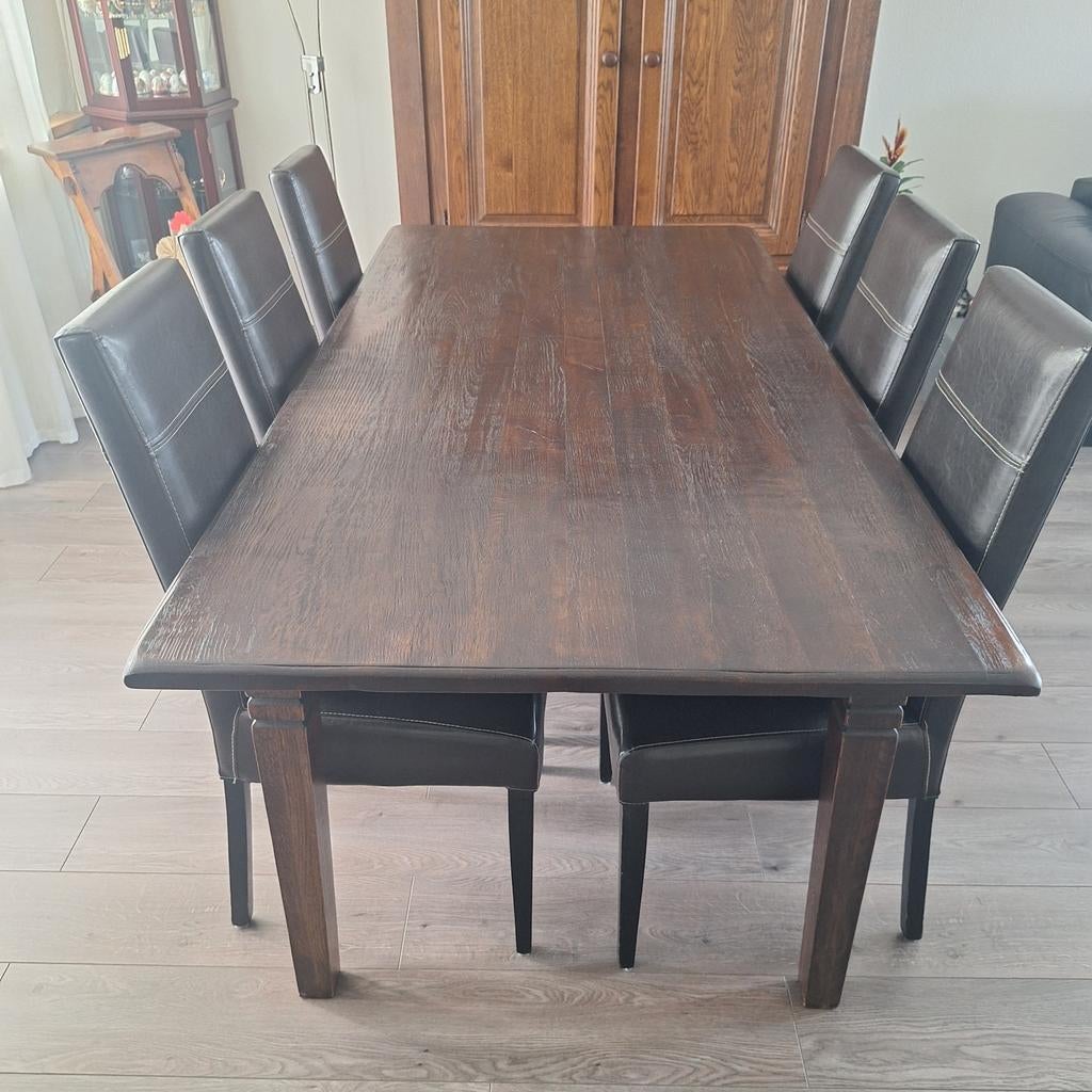 Eethoek met 6 leren stoelen, Ophalen, Gebruikt, Modern, Robuust, 6 tot 8 stoelen