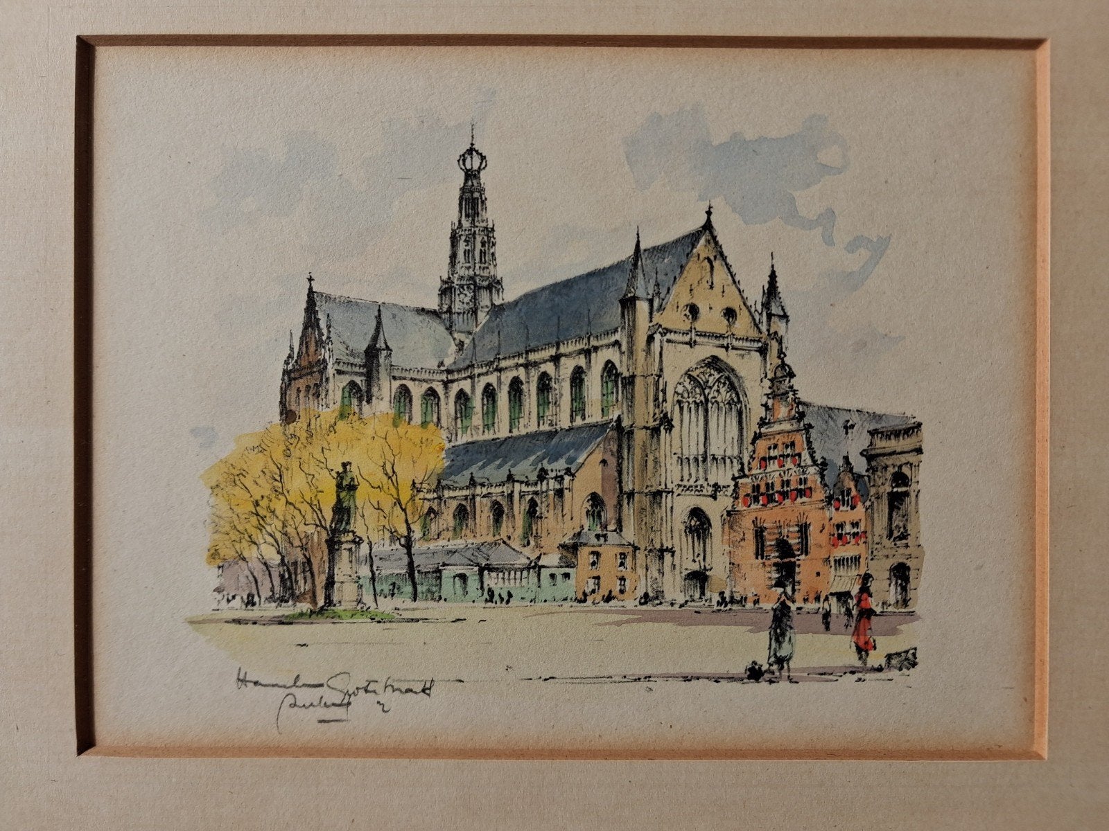 Schilderij Grote Markt Haarlem - Ingelijst, Ophalen, Realistisch, Aquarel, Gesigneerd