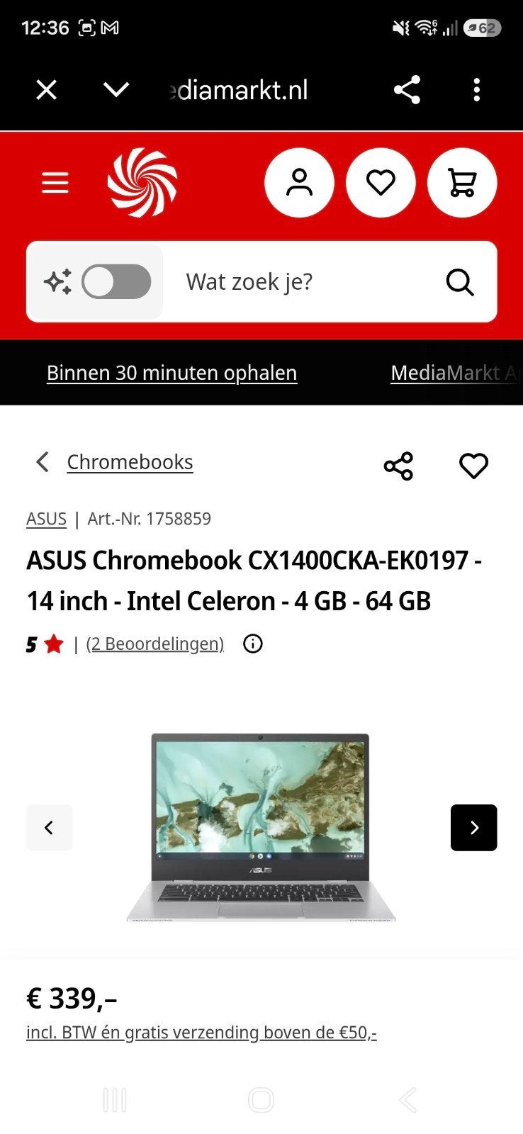 Asus Chromebook CX1400CKA-EK0197 - 14 inch - Intel Celeron, 14 inch, 32 GB of meer, Asus Chromebook, Touchscreen