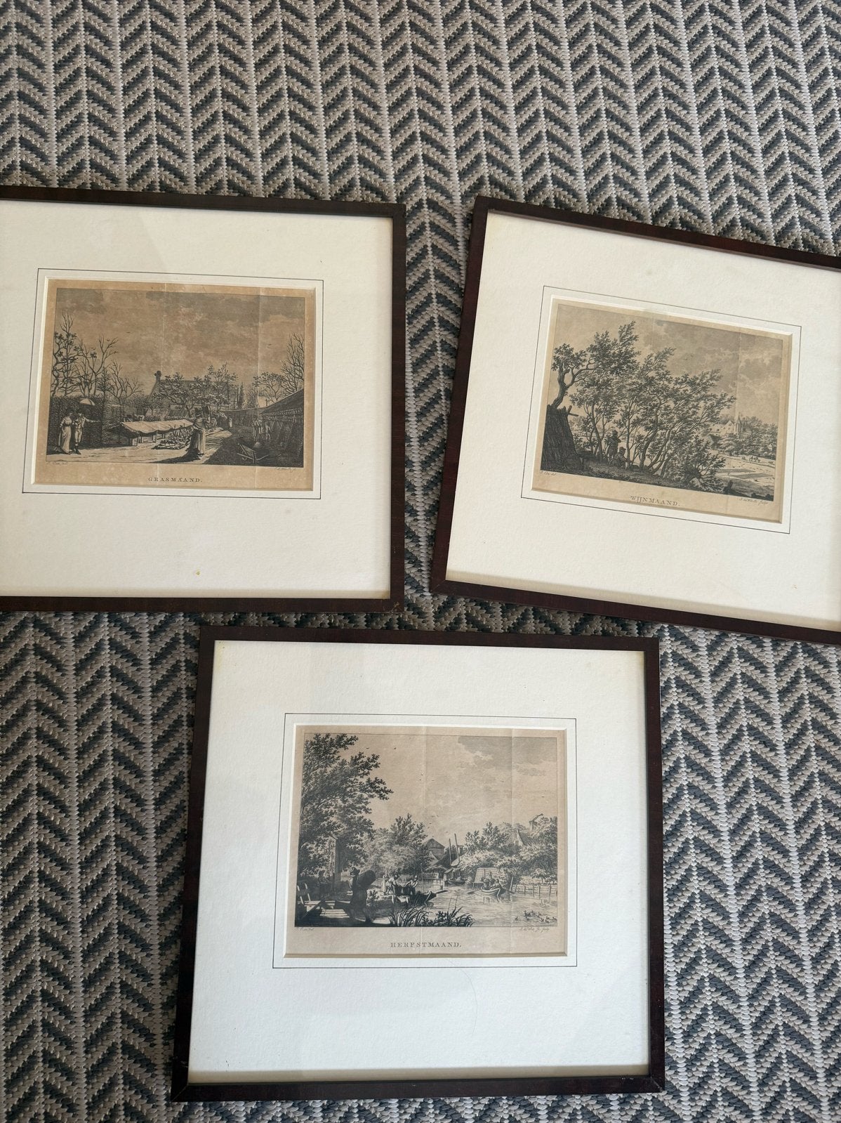 Set van 3 antieke prenten De Twaalf Maanden – J. Cats & I. d, Ophalen, Dagelijks leven, Gravure, Gesigneerd