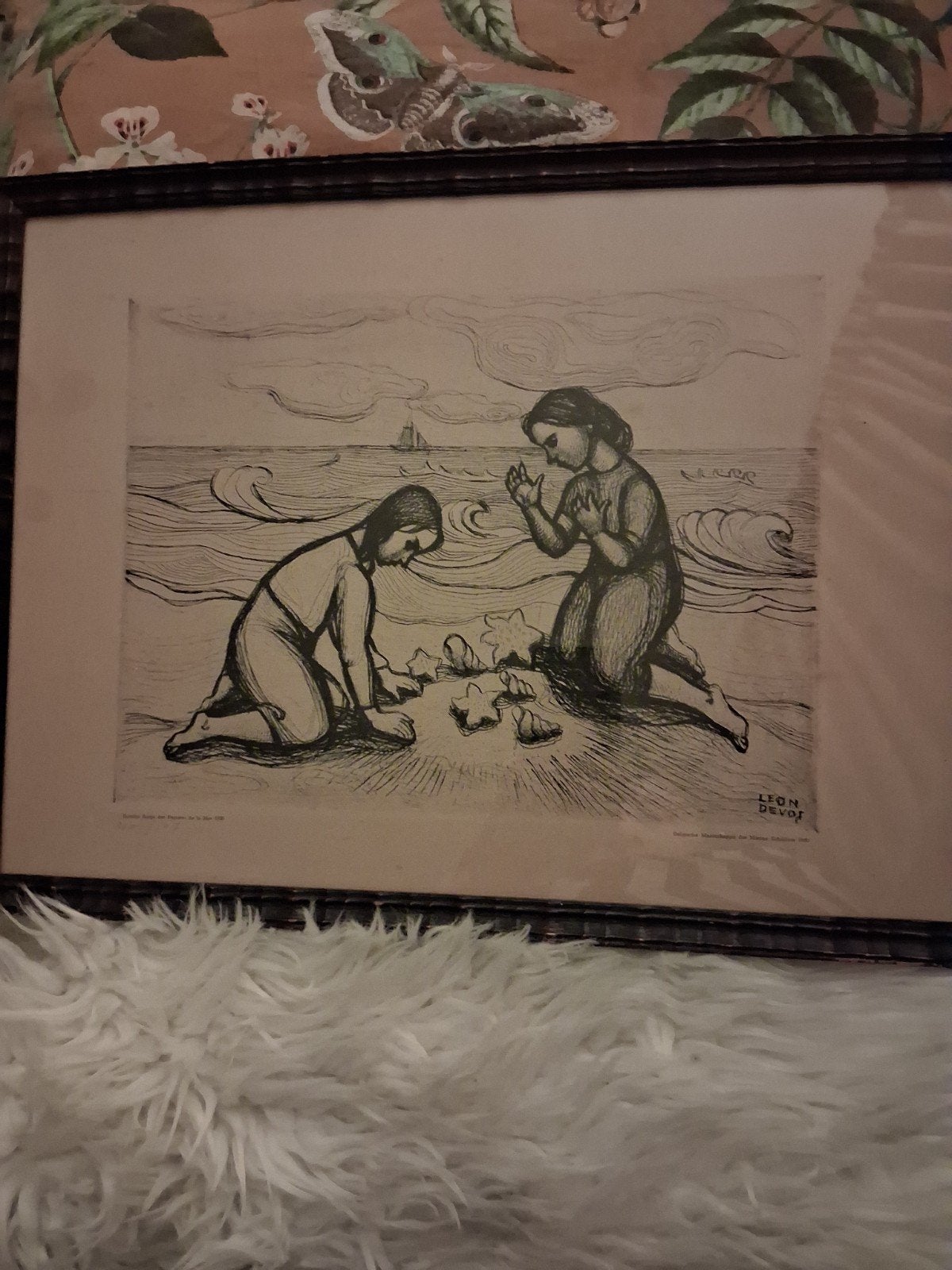 Vintage Ets van Leon Devos: Kinderen aan Zee, Dagelijks leven, Ets, Ophalen of Verzenden, Gesigneerd