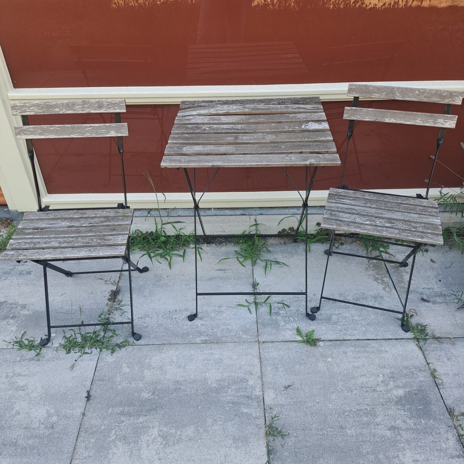 Bistroset: 2 stoelen en 1 tafel - Hout en metaal, Ophalen, Gebruikt, Rechthoekig, Hout
