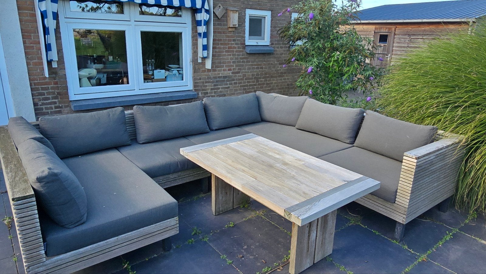 Teakhouten loungeset met kussens en opbergbox, Tuin en Terras, Ophalen, Gebruikt, 6 zitplaatsen, Teakhout