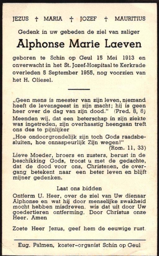 Laeven Alphonse Marie 1913-1955 Schin op Geul, Verzamelen, Bidprentjes en Rouwkaarten, Ophalen of Verzenden