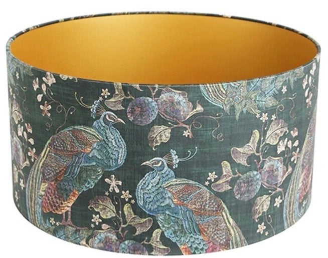 Nieuwe lampenkap met pauwen en gouden binnenkant, Huis en Inrichting, Lampen | Lampenkappen, Nieuw, Tafellamp, Rond, Meerkleurig