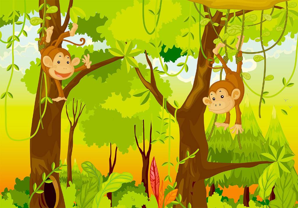 95 Aap in de Boom Kids Vlies Fotobehang 350x250cm in 3 maten, Huis en Inrichting, Stoffering | Behang, Ophalen of Verzenden, Minder dan 10 m²