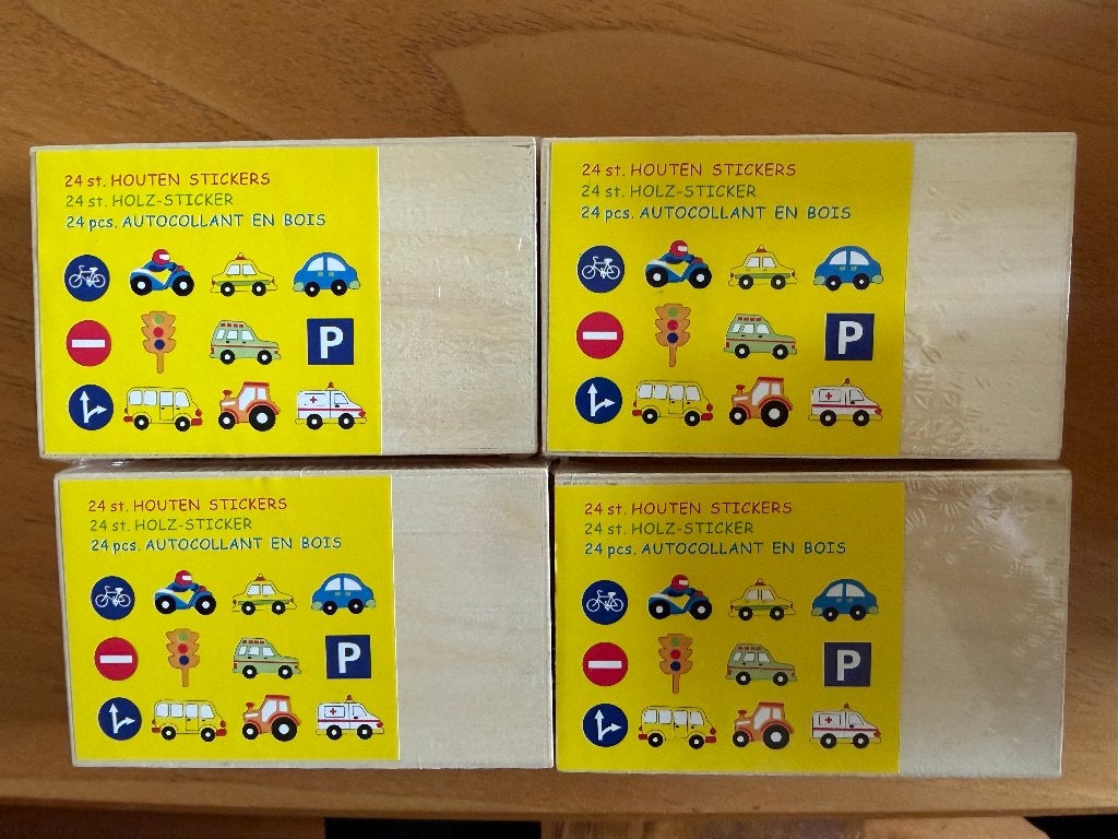 Houten stickers Auto motor tractor 24 stickers 4 doosjes, Ophalen, Nieuw, Knutselen