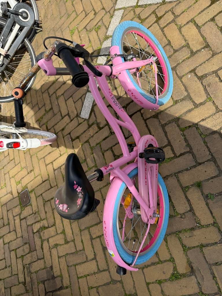 Alpina Meisjesfiets 16 inch - Roze met blauwe banden, Fietsen en Brommers, Fietsen | Meisjes, Ophalen, Gebruikt, 16 inch, Handrem