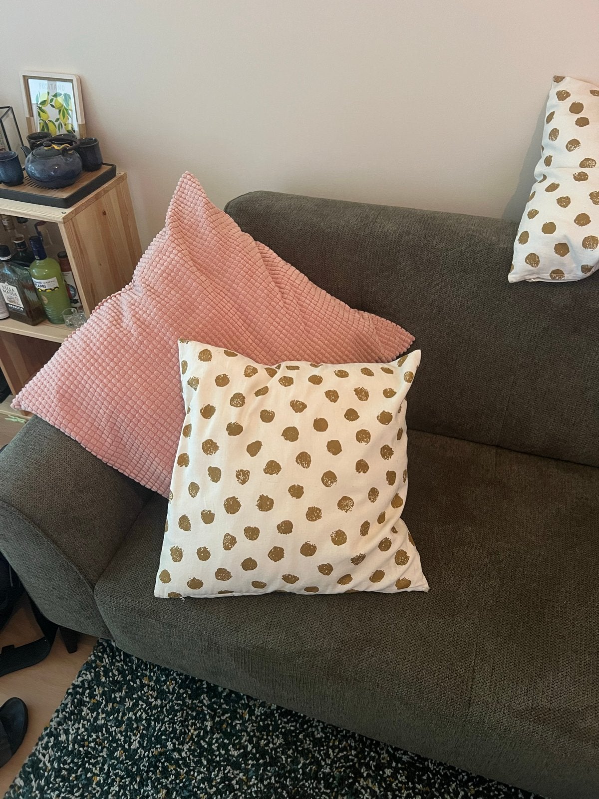 Set van 4 sierkussens: 2 roze (65x65cm) en 2 wit gestipt (50, Ophalen, Meerkleurig, Vierkant, Zo goed als nieuw