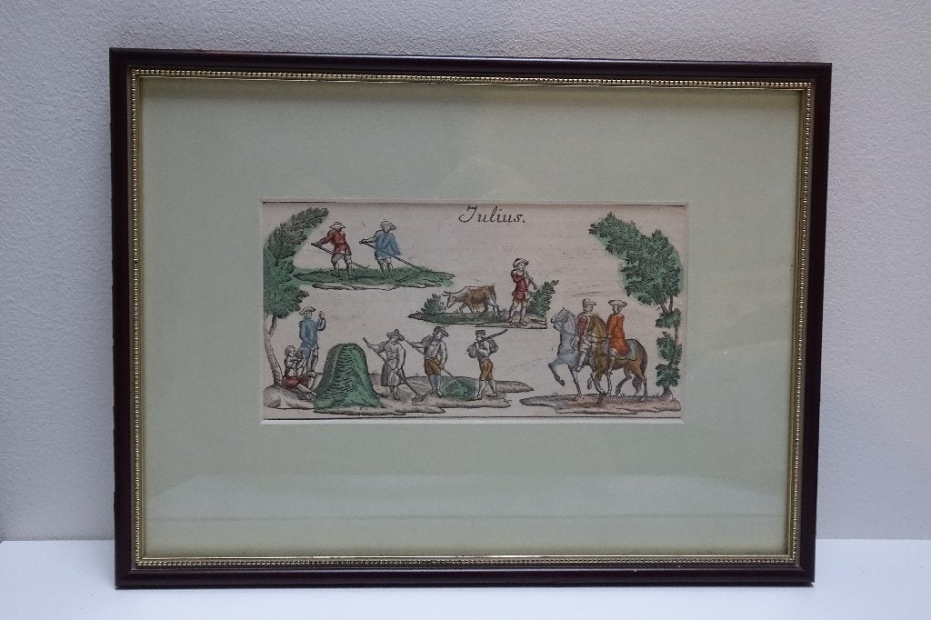 Vrolijke gravure Julius, juli hooimaand 18e eeuw paardrijden, Mythologie, Ingelijst, Ophalen of Verzenden, Gravure
