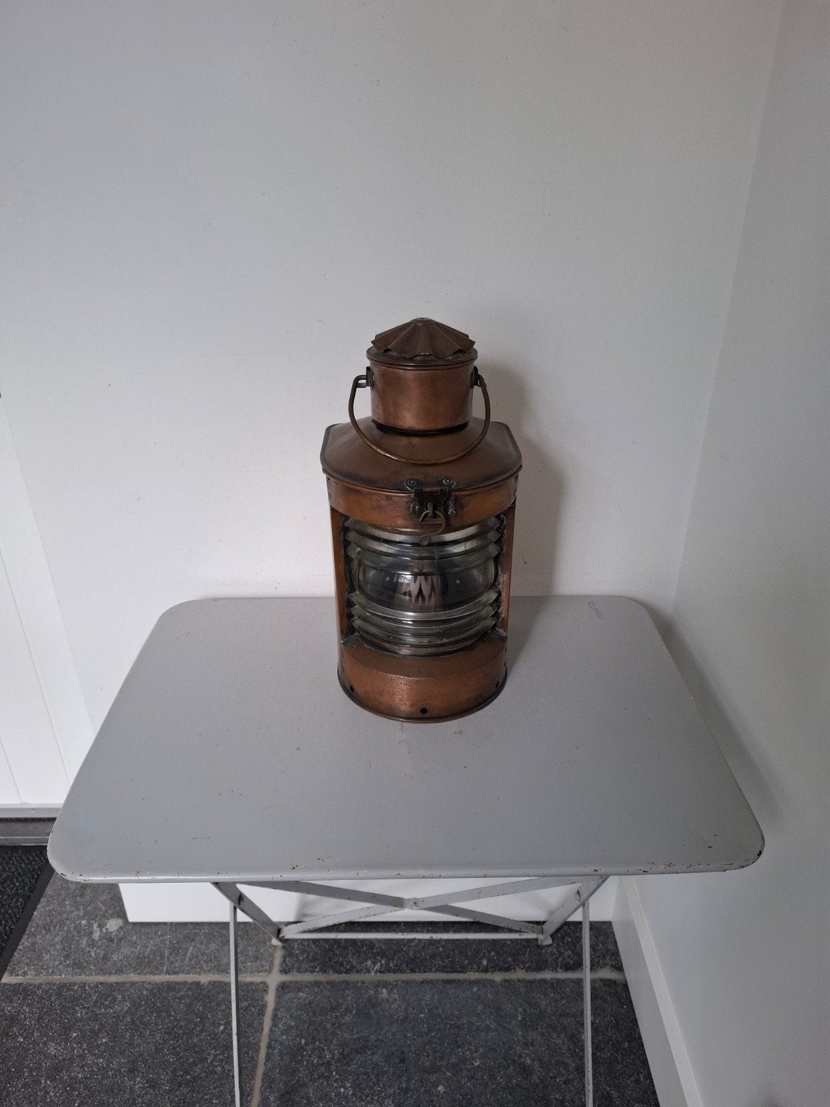 Originele Roodkoperen Scheepslantaarn met Fresnel-lens, Antiek en Kunst, Antiek | Lampen, Ophalen of Verzenden