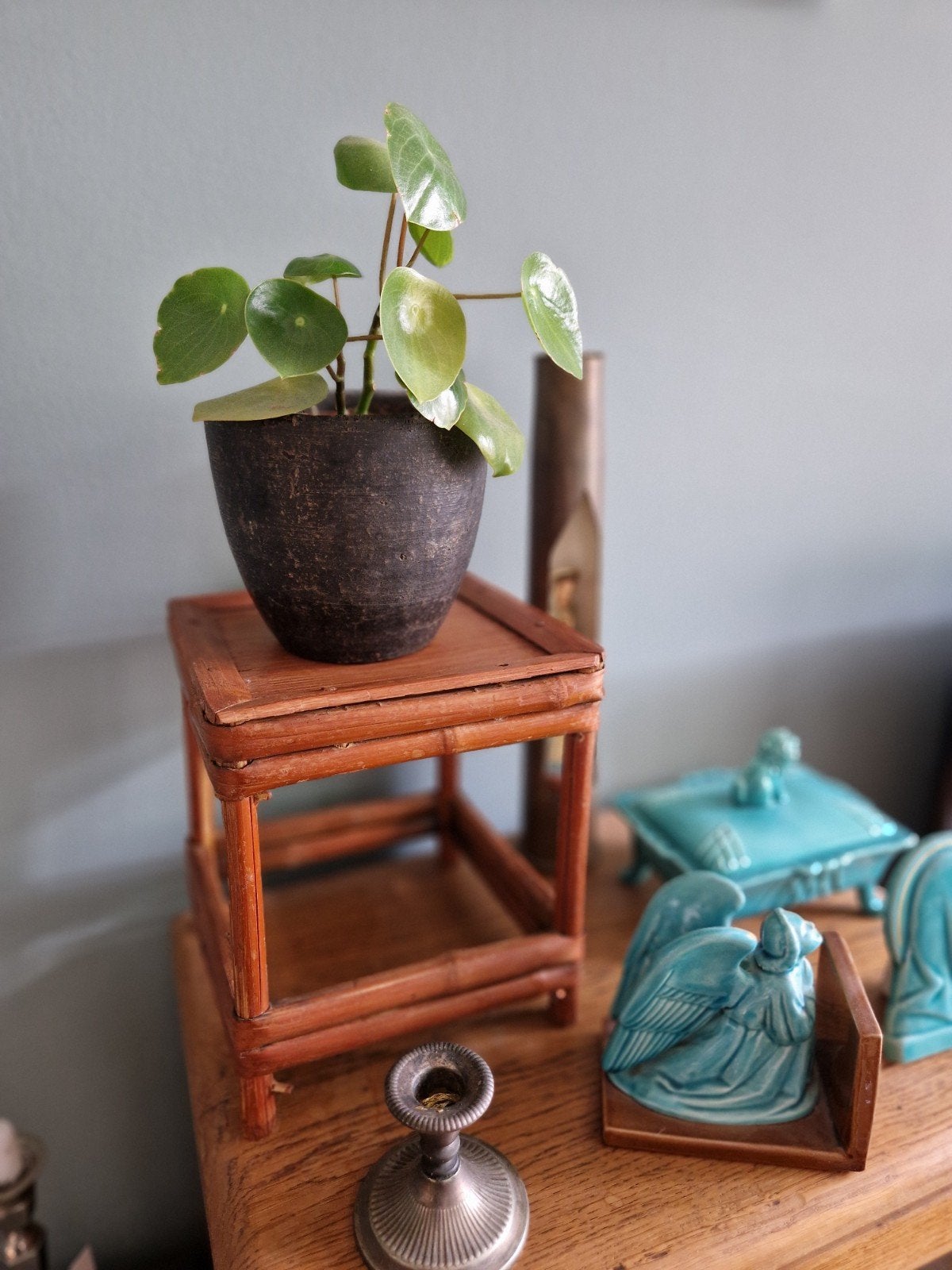 Vintage bamboo plantentafeltje vierkant 20x20cm, hoogte 22cm, Ophalen of Verzenden