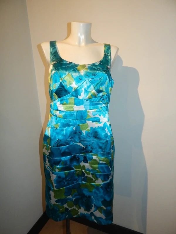Joseph Ribkoff satijnen jurk bloemen turquoise stroken D40