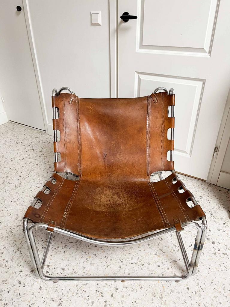 Fabio design  lounge chair - buisframe met leren zitting, Ophalen, Gebruikt, Modernistisch, 50 tot 75 cm