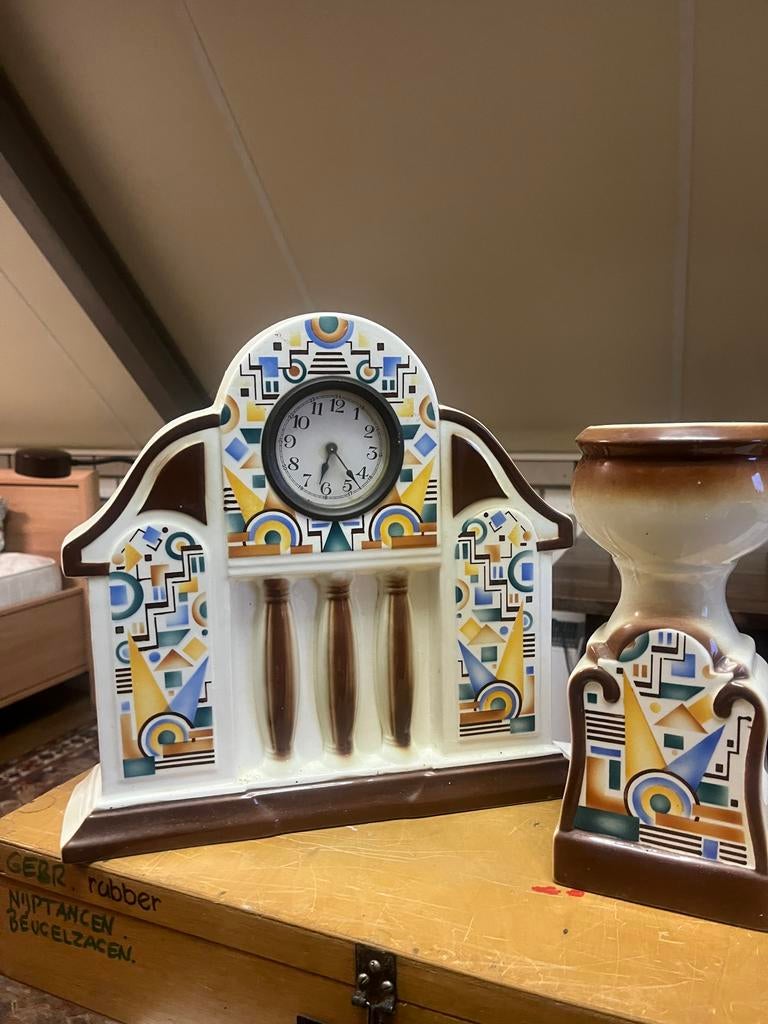 Art Deco Stijl Tafelklok en Vaas Set, Ophalen