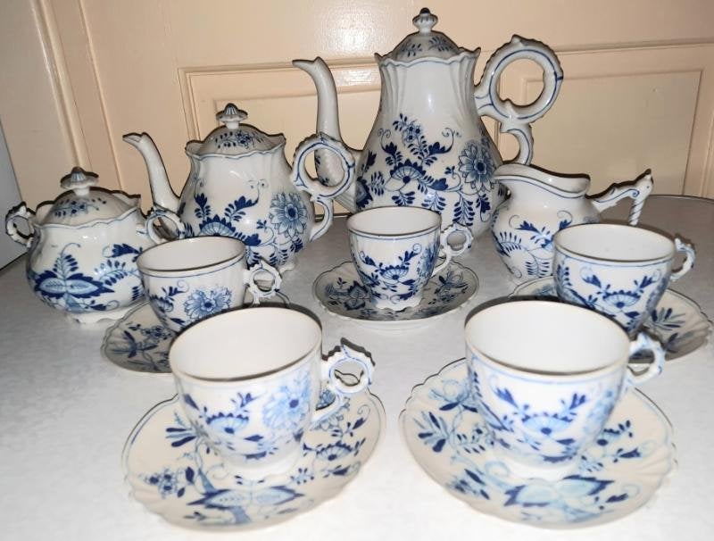 Antiek 9 delig zwiebelmuster porselein thee/koffie servies, Ophalen