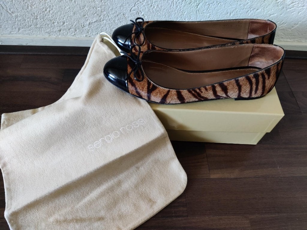 Sergio Rossi ballerina's tijgerprint + lak zwart/naturel, Overige kleuren, Sergio Rossi, Zo goed als nieuw, Ballerina's