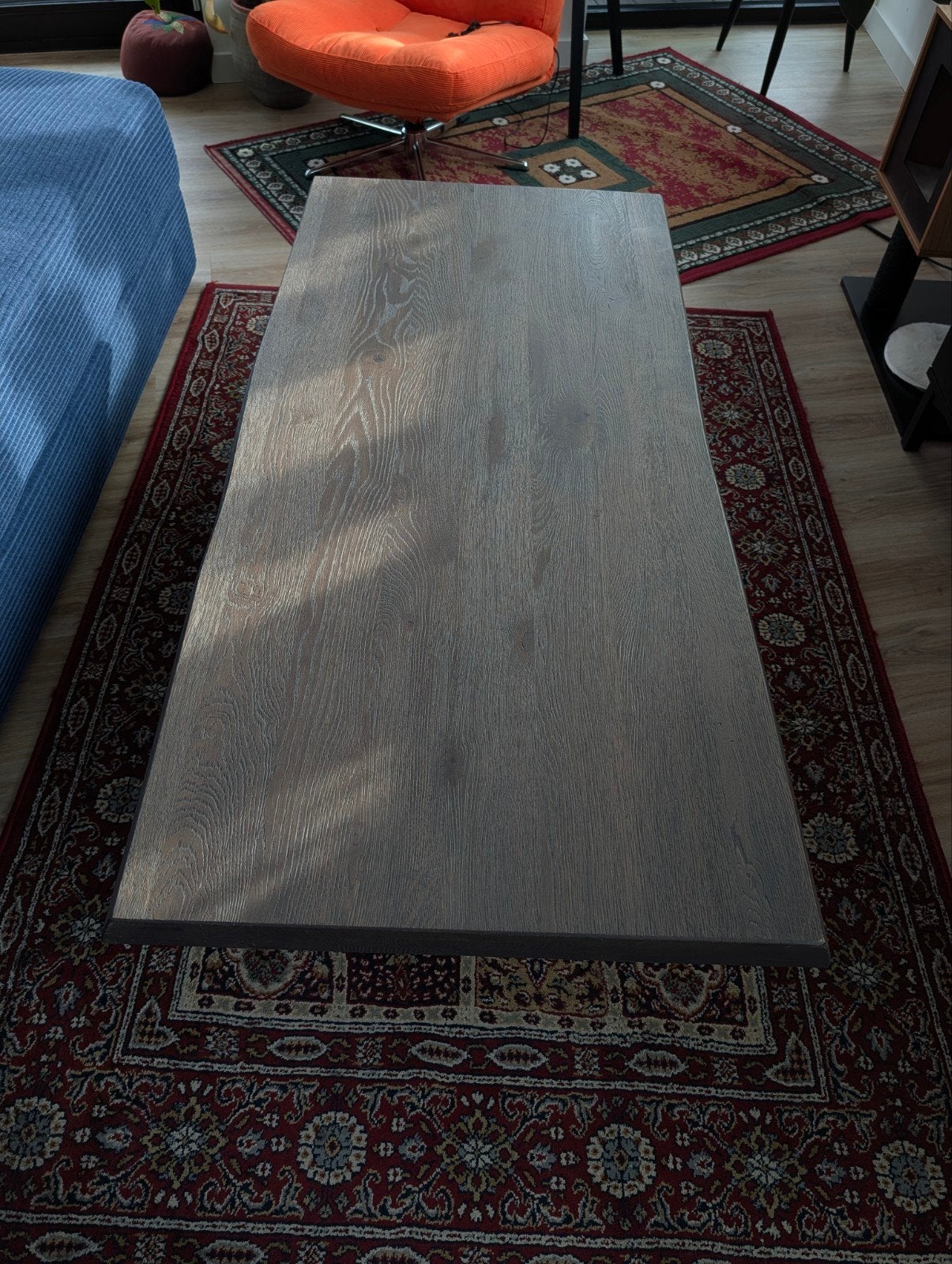 Salontafel met eikenhouten (massive hout). 140x70x6, Ophalen, 100 tot 150 cm, Modern, Industrieel, 50 tot 100 cm