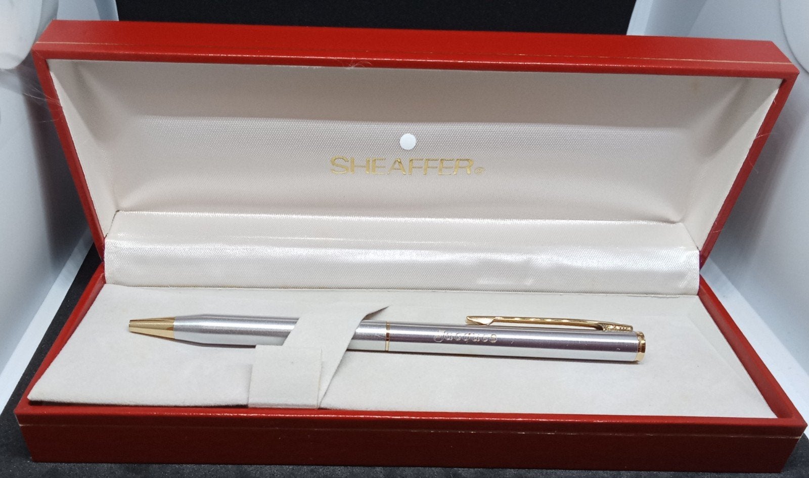 Prachtige vintage Sheaffer Sentinel balpen – brushed chrome, Overige merken, Balpen, Met doosje, Ophalen of Verzenden