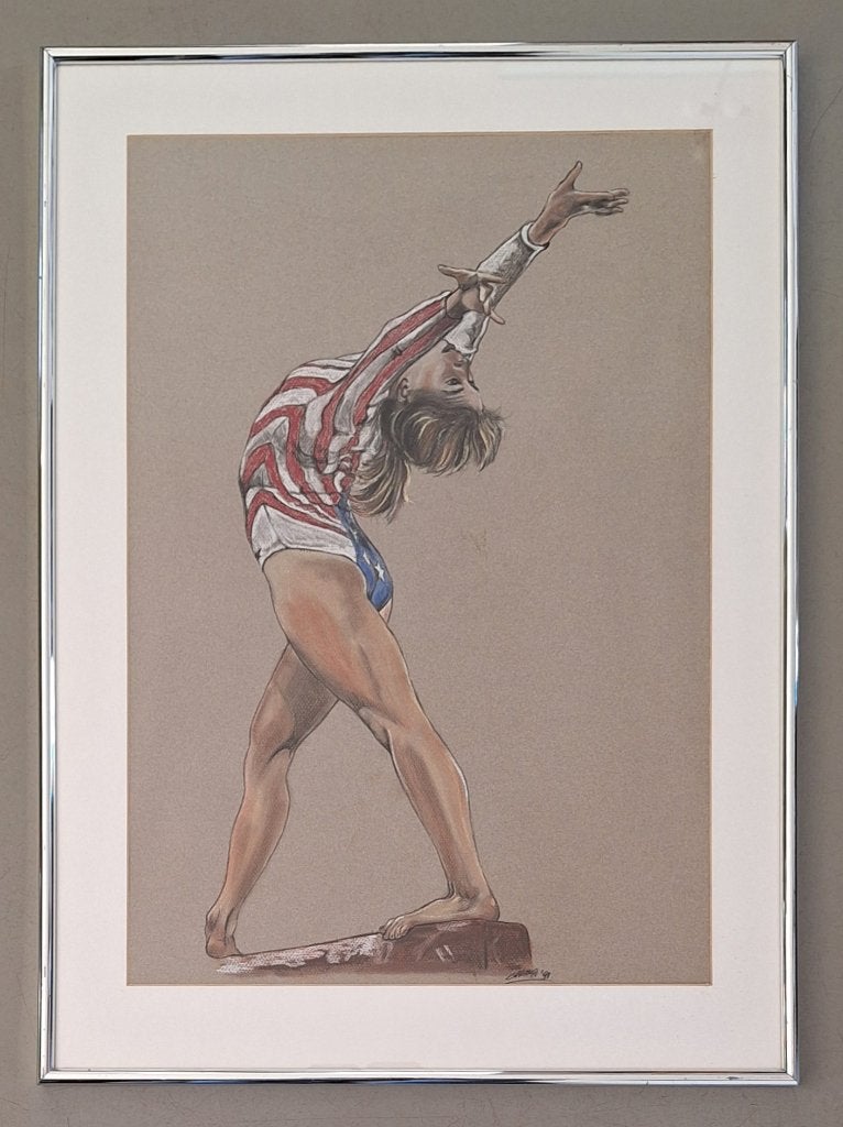 pastel-krijt schilderij Kathy Johnson evenwichtsbalk 51x71cm, Pastel, Figuren, Papier/karton, Ophalen of Verzenden