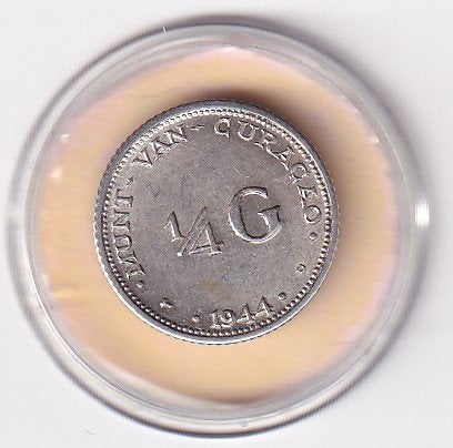 Curacao 1/4 Gulden 1944 met randtikje, Verzenden, Zilver, 25 cent, Koningin Wilhelmina
