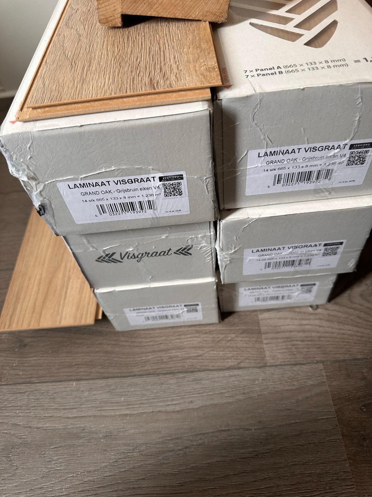 7,5m2 Visgraat Laminaat - Grand Oak Grijsbruin Eiken, Ophalen, 50 tot 150 cm, Nieuw, 5 tot 10 m²