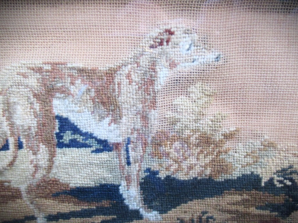 Hazewindhond~Antiek ingelijst borduurwerkje ca 1820~Houten, Ophalen of Verzenden